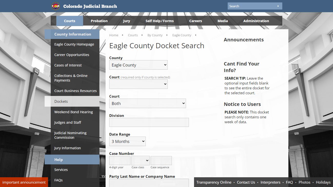 Colorado Judicial Branch - Eagle County - Dockets